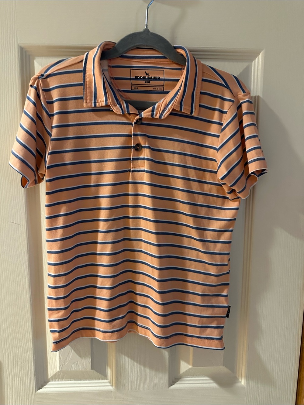 Eddie Bauer Peach and Navy Striped Short Sleeve Polo